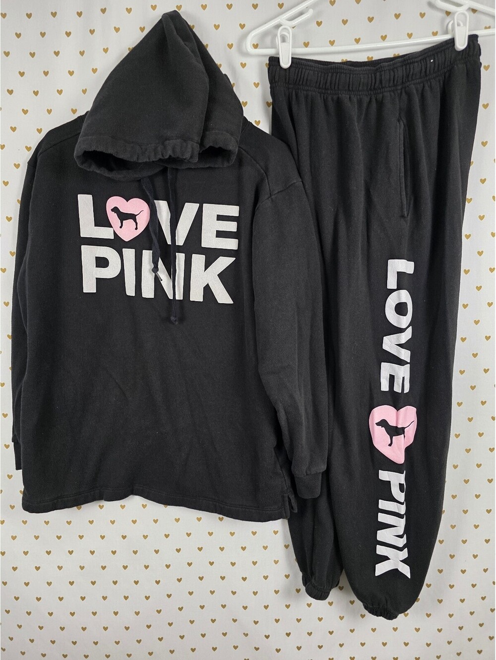 VS PINK Originals Campus LOVE PINK Hoodie Sweatpants Set S Dog Heart Black